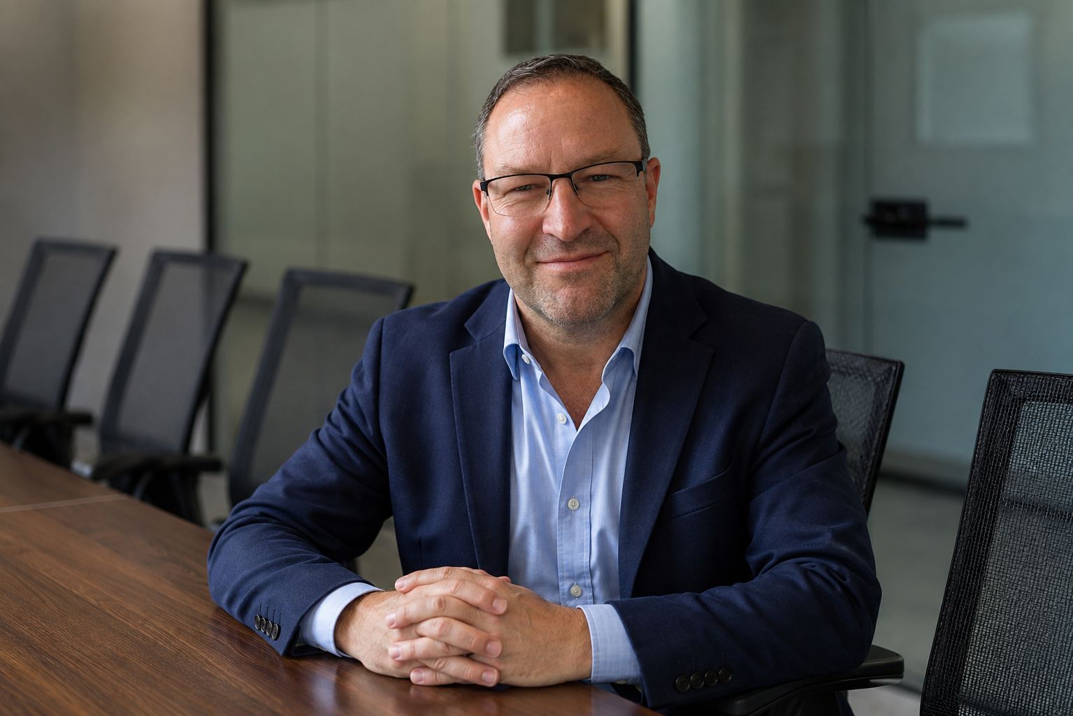 Forrest Andrew Jones seated at an empty boardroom table with his hands folded, in a navy jacket over an open-collar light blue shirt, with empty chairs and glass partitions behind him.