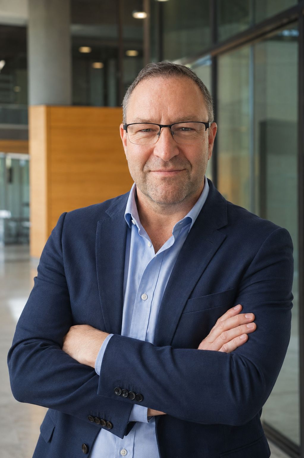 Forrest Andrew Jones standing with his arms folded in a modern office lobby, wearing a navy jacket over an open-collar light blue shirt, with glass partitions and a wood-panelled wall behind him.